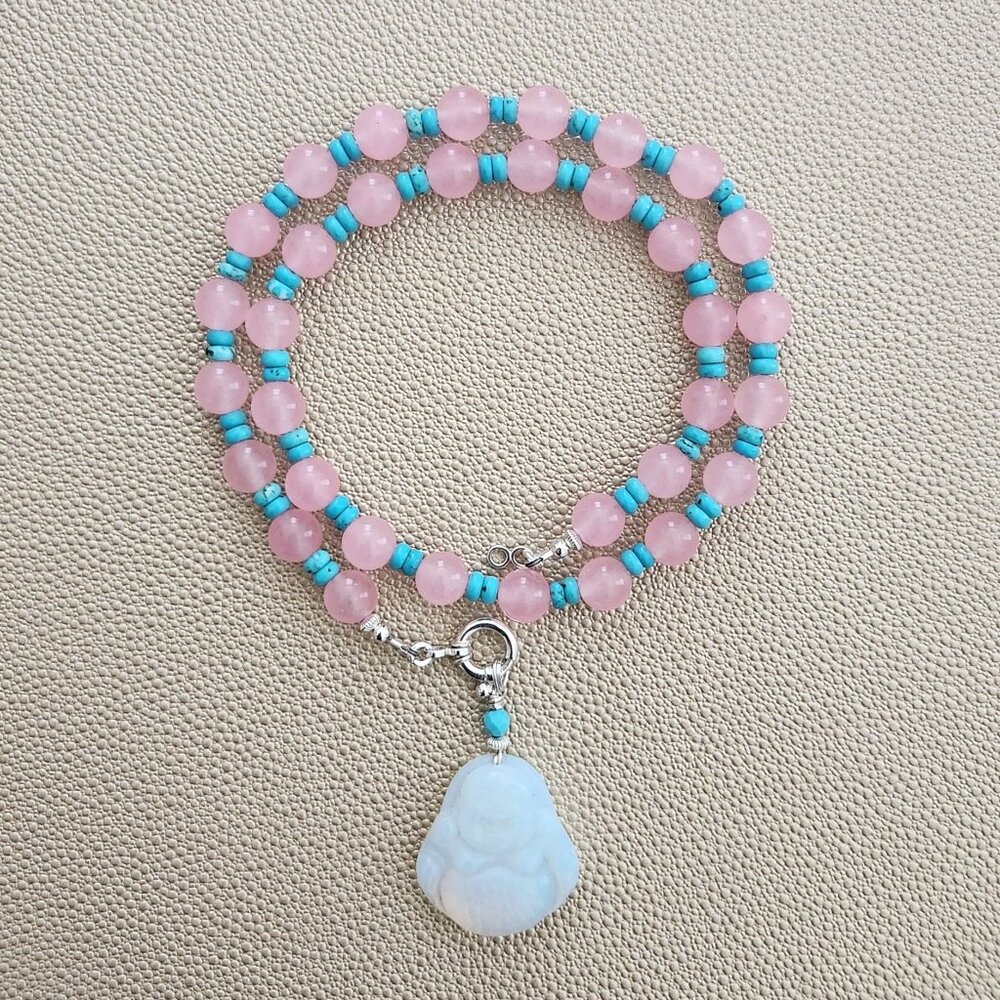 PINK JADE NECKLACE W/ HAPPY BUDDHA PENDANT--18"